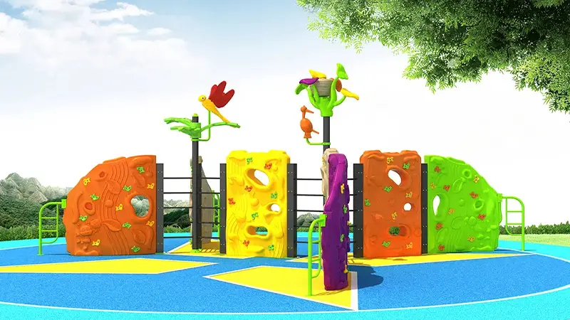 A children's outdoor adventure climbing wall suitable for parks