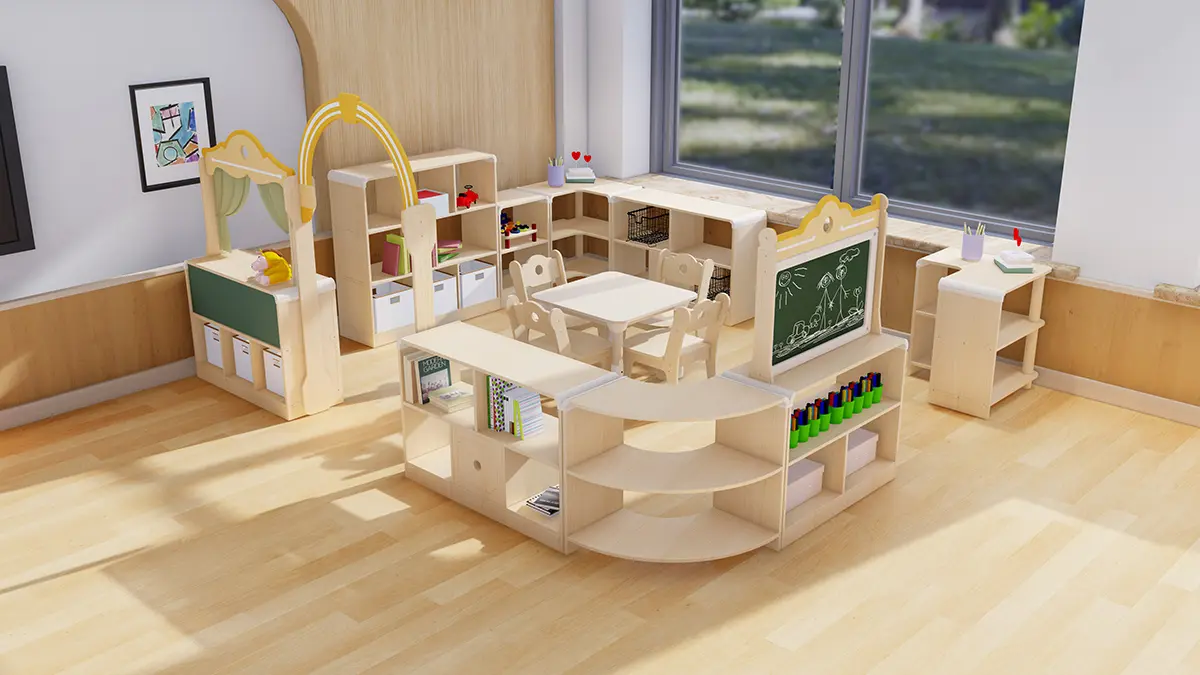 Indoor wooden furniture combination area corner cabinet in kindergarten