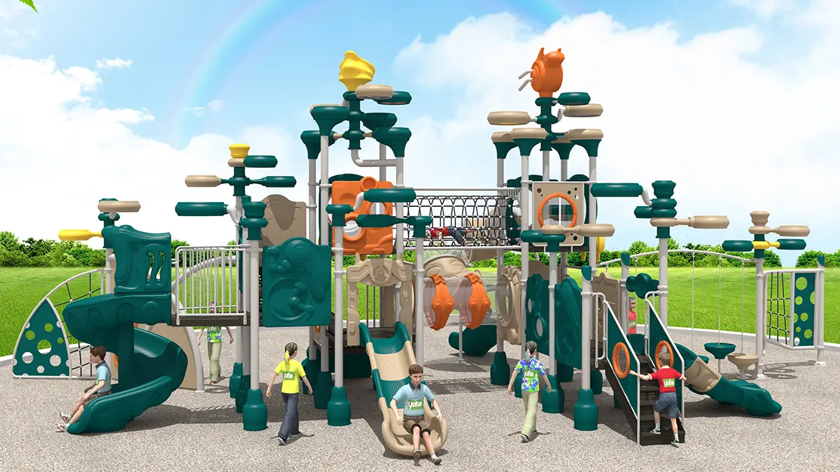 Outdoor Playground In Bright Colors With Slides And Play Activities For Kids