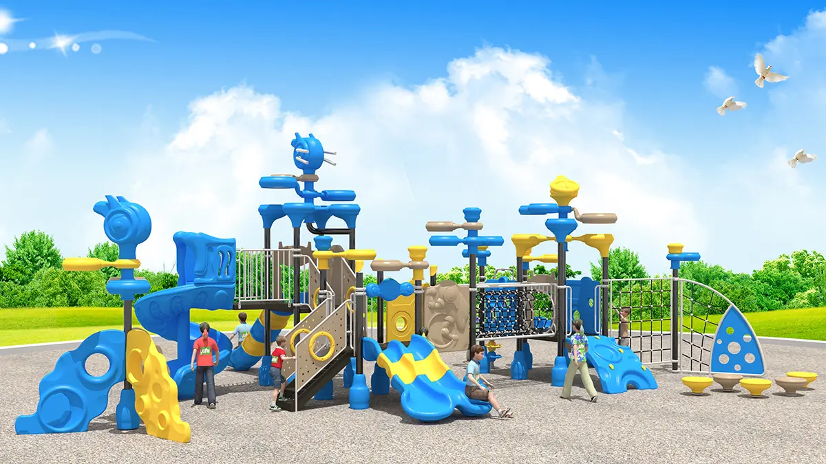 Playground Equipment With Slides And Climbers For Kids To Play In Amusement Park